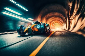 Papier Peint photo Voitures digital abstract painting Sport racing car at high speed riding in illuminated road tunnel