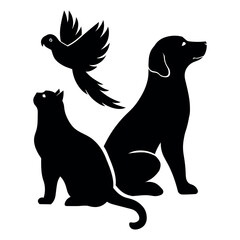 Silhouette of dog, cat and parrot. Vector illusttration of pet.