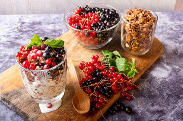 Granola with berries and milk. Breakfast with granola and fresh berries. Red and black currants in granola.