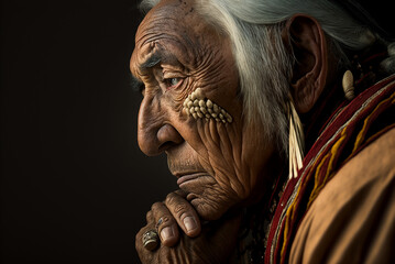 Portrait of old male native american on dark background,generative ai. - obrazy, fototapety, plakaty