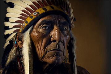 Portrait of old male native american on dark background,generative ai.