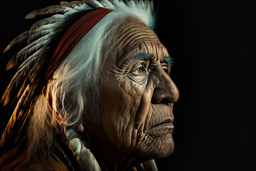 Portrait of old male native american on dark background,generative ai.