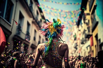 Obraz na płótnie Canvas Brazilian carnival, party, confetti, falling colored ribbons, glitter, golden, watercolor, Generative AI