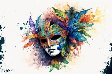 Brazilian carnival, mask, confetti, falling colored ribbons, glitter, golden, watercolor, Generative AI