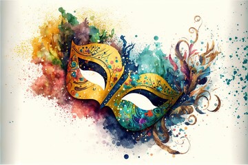 Brazilian carnival, mask, confetti, falling colored ribbons, glitter, golden, watercolor, Generative AI