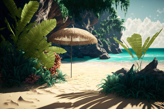 A summer day at the beach made perfect with a tropical background of umbrella and fern leaves