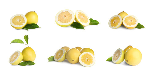 Collage with fresh pomelo fruits on white background