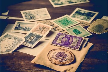 Postal stamps vintage on the table, envelopes, Generative AI