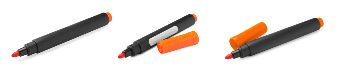 Set of bright orange markers on white background. School stationery
