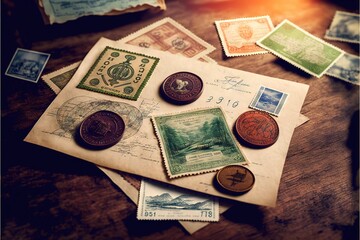 Fototapeta na wymiar Postal stamps vintage on the table, envelopes, Generative AI