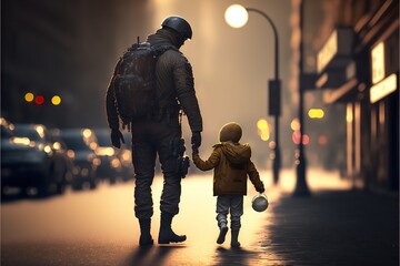 Soldier helping child, street