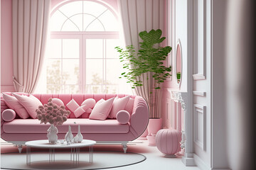 Valentine interior room have pink sofa and home decor for valentine's day. White living room interior. panoram. Idea for interior design. AI