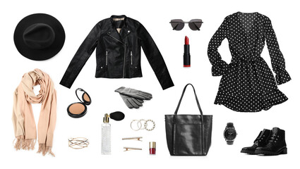 Collage with different clothes, cosmetics and accessories for stylish look on white background. Fall-winter fashion