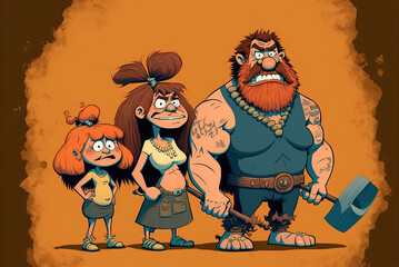 Cartoon Style Cave Family