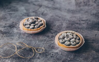 Blueberry goat cakes with blue berries on dark vintage background