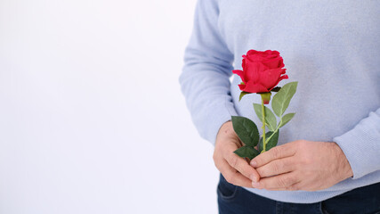 Part body man holding a red rose on his hands. Copy space. Anniversary proposal and engagement idea. Love scene. Love celebration. Romantic man.