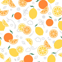 Vector seamless pattern of many small icons of whole oranges, lemons, and citrus slices. Decorative art element for advertising banner layout design, textile, children's print. Citrus collection.