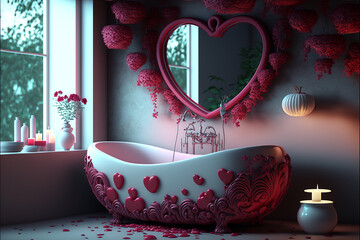 no foreground. Valentine interior room have pink sofa and home decor for valentine's day. White living room interior.