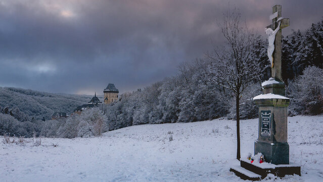 View of medieval Karlstejn Castle in winter season