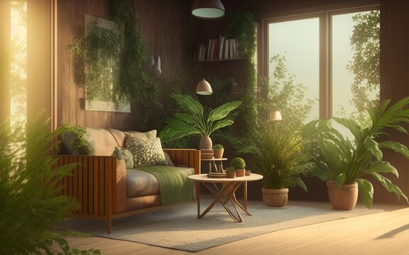 living room of a house with large wooden sofa and plants inside, large window overlooking nature.