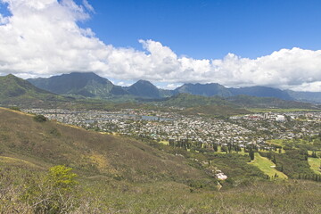 View of Kailua and the Koolau mountains in the windward side of Oahu island