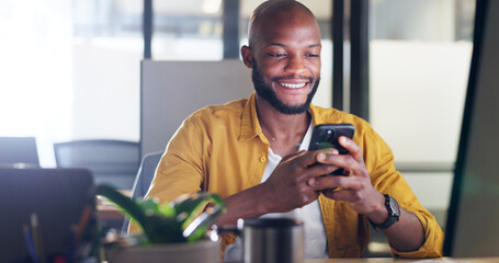 Black man, phone and office chat while online for communication, social media or reading email,...