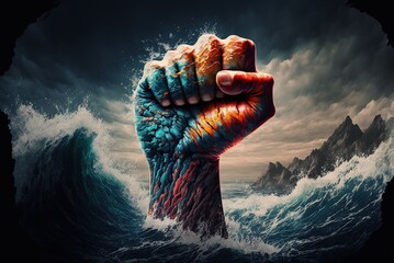 Illustration of the concept of power, a clenched male fist emerges from the sea water between waves and storms to overcome adversity.