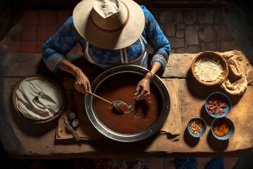 Fototapeta premium Oil illustration of a view from above of a traditional Argentinian woman preparing a tomato soup. Ai generated