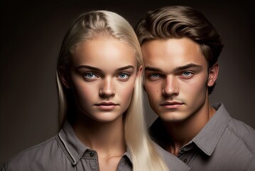 Studio portrait of two twin brothers, models look, perfect lighting, close-up. fictional people. Ai generated