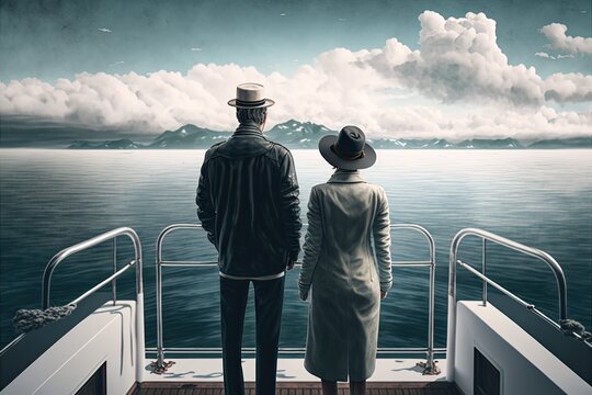 Painting of a couple from behind during their journey across the Nordic sea. Ai generated