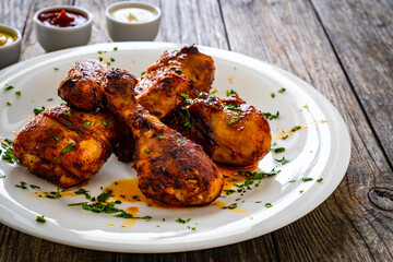Barbecue chicken drumsticks with French fries on wooden table
