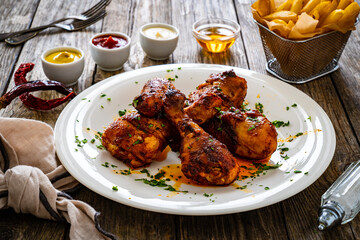 Barbecue chicken drumsticks with French fries on wooden table

