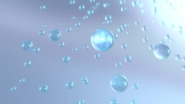 A macro view of various water bubbles rising against a light blue background. Beauty glossy Moisturizing bubble blobs in super motion. 3D cosmetic serum animation