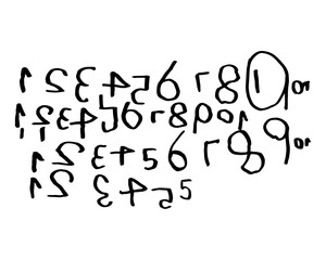 Numbers written by child's hand in reverse, backward. Dyslexia symptom. Dysgraphia. Child's written work example. Dyslexia awareness, diagnosis. - obrazy, fototapety, plakaty