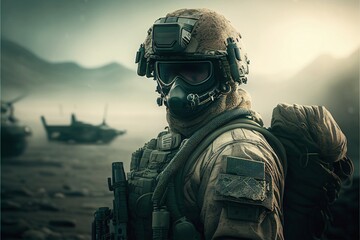 soldier looking at the horizon in the field of war ai. Generative AI based.