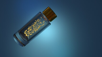Transparent glass cosmetic bottle with a golden cap on a blue background. Inside the jar, yellow particles or bubbles move, saturating the liquid with moisturizing or nourishing cream or vitamins.