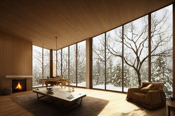 Bright Winter Modern Living Interior with Winter Forest Views Made with Generative AI