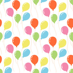 Seamless pattern with colorful balloons in cartoon flat style. Vector texture of birthday or party decoration, flying balloon with rope on white background