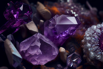Amethyst Crystal, Purple Quartz Raw Gemstone Amethyst Druse Pattern, Generative AI Illustration - obrazy, fototapety, plakaty