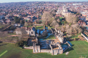 Beautiful aerial view of the famous English Heritage site, Wolvesey Castle, the Monumental remains,...