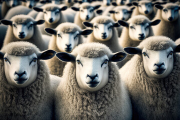 Flock of sheep staring in the same direction. Generative AI.