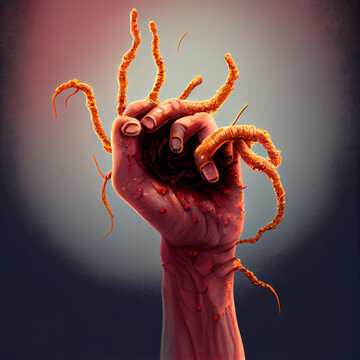 Mushroom Zombie, Human Parasite Fungus, Cordyceps on Zombie, Abstract Generative AI Illustration