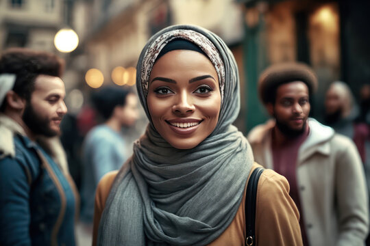 Smiling young college female student wearing a hijab looking at the camera. generative AI	
