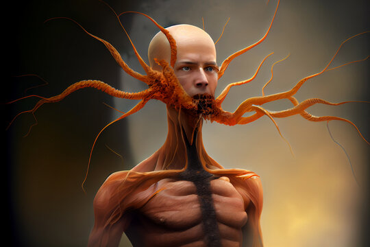 Mushroom Zombie, Human Parasite Fungus, Cordyceps on Zombie, Abstract Generative AI Illustration