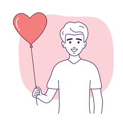 Smiling young man holding heart balloon. Happy guy in love on February 14 with present. Vector linear graphics.