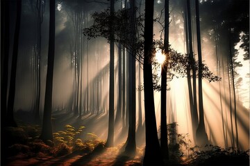 A misty morning in a bamboo forest, with the sun just starting to peek through the trees. Generative AI.