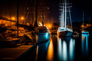  Boats in the harbor at night.  Marina at Night.  Generative AI.