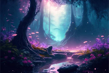 Fotobehang Fairy Lands, magical forest, fungus , enchanting forest, fairy tale, magic forest, generative ai © Viviana