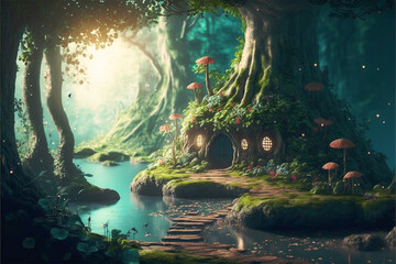 Fairy Lands, magical forest, fungus , enchanting forest, fairy tale, magic forest, generative ai © Viviana