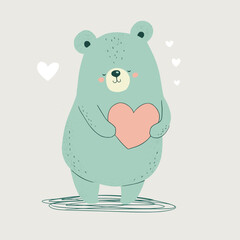 Happy cute little bear funny character with heart. Valentines day greeting holiday vector background.